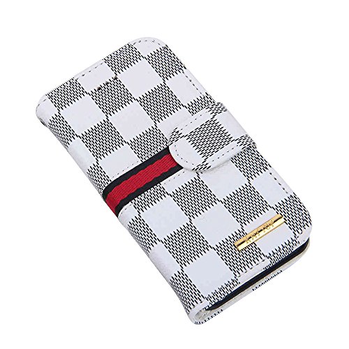 RAYTOP Luxury Brand Designer White Checks PU Leather Cases Wallet Flip Covers for Apple iPhone 5 5s with Kickstand Function Card Holder Stand Classic Classy Decent Design High Quality Cheap