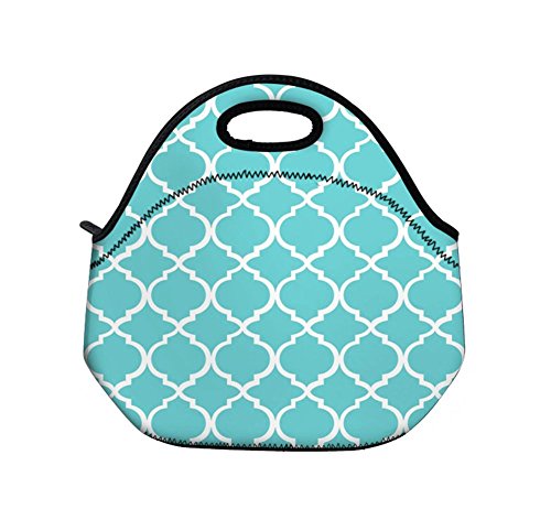 LeeVan Waterproof Portable Stylish Children School/Work Lunch Tote Bags Artwork Travel Gourmet Carry Box Insulated Food Cooler Container Carrying Neoprene Sleeve Lunch Bag - Moroccan Pattern, Teal