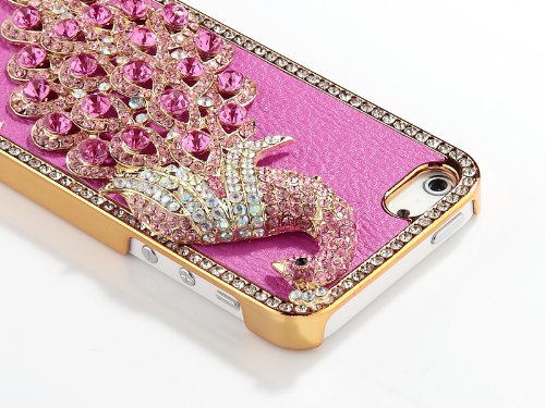 niceEshop Luxury Bling Peacock Synthetic Leather Rhinestone Case Cover for iPhone 5 5S (Hot Pink) +Screen Protector
