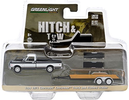 1971 Chevrolet Cheyenne Truck Black and Flatbed Trailer Hitch & Tow Series 1 1/64 by Greenlight 32010D