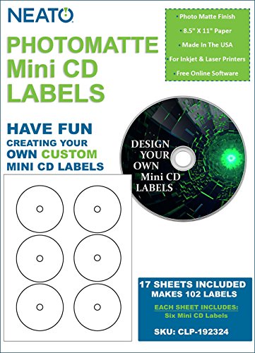 Genuine Neato - PhotoMatte Mini CD Labels CLP-192324 - 6 Labels per Sheet - 17 Sheets - 102 Labels Total  - Online Design Access