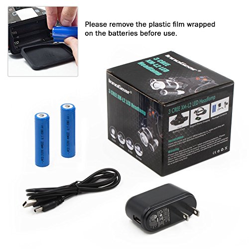 InnoGear 5000 Lumen Bright Headlight Headlamp Flashlight Torch 3 CREE XM-L2 T6 LED with Rechargeable Batteries and Wall Charger for Hiking Camping Riding Fishing Hunting