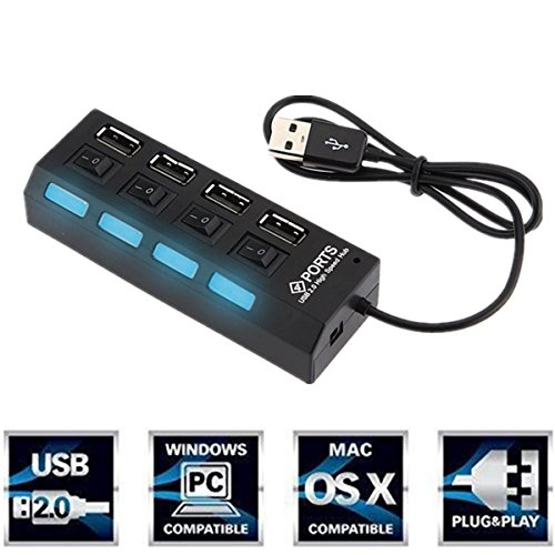 ELEGIANT 4-Port USB 2.0 Hub with Individual Power Switches and LEDs For Laptop PC Black