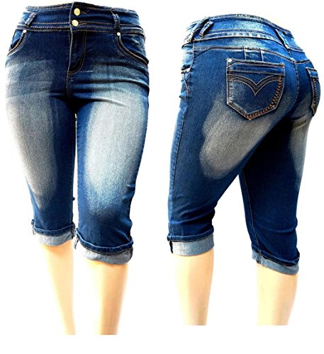 LA CHULA WOMENS PLUS SIZE BLUE CAPRI Acid Wash denim jeans Stretch HIGH WAIST