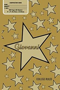 Giovanni Monogram Composition Book, Gold Stars Pattern Matte Cover, College Ruled Pages: 6x9 Inches, 100 Pages, Personalized and Perfect for Class, Work, Journaling, Recipes, Notes