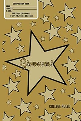 Giovanni Monogram Composition Book, Gold Stars Pattern Matte Cover, College Ruled Pages: 6x9 Inches, 100 Pages, Personalized and Perfect for Class, Work, Journaling, Recipes, Notes