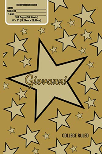 Giovanni Monogram Composition Book, Gold Stars Pattern Matte Cover, College Ruled Pages: 6x9 Inches, 100 Pages, Personalized and Perfect for Class, Work, Journaling, Recipes, Notes by Noggin Box Books