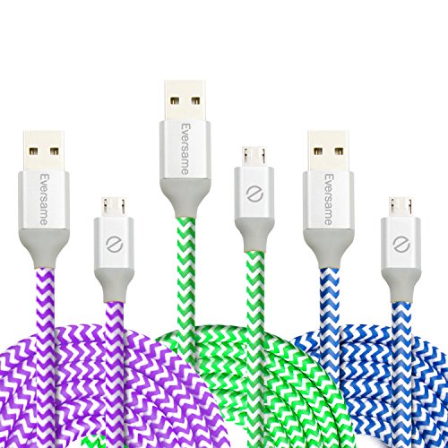 Eversame Bundle of 3 6Ft 1.8M Premium Nylon Braided High Speed USB 2.0 A Male to Micro B Sync Charger Cable Cord with Aluminum Shell For Samsung Galaxy S7 Edge, HTC One X/M9, LG G4(Blue Purple Green)