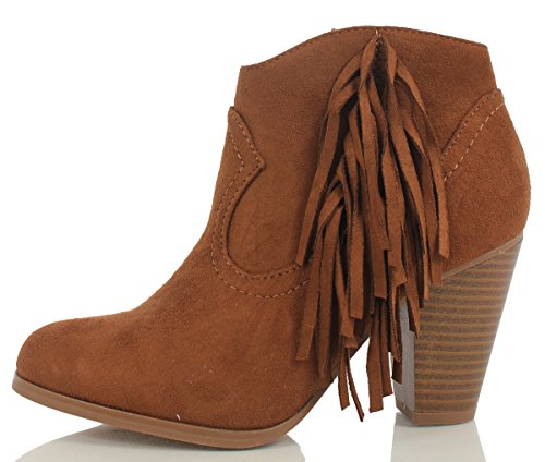 Soda Women's Monsoon Faux Suede Cowboy Fringe Stacked Heels Ankle Booties