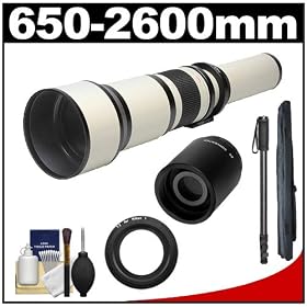 Rokinon 650-1300mm f/8-16 Telephoto Lens (White) (T Mount) with 2x Teleconverter (=2600mm) + Monopod + Accessory Kit for Nikon 1 J1, J2 & V1 Digital Cameras