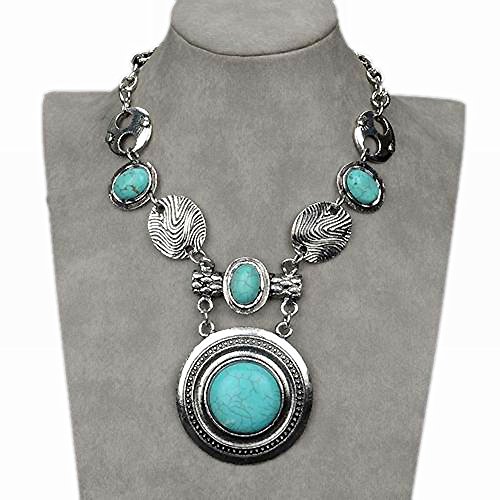 Vintage Tibet Silver Plated Natural Turquoise Circle Long Bib Chain Pendant Necklace