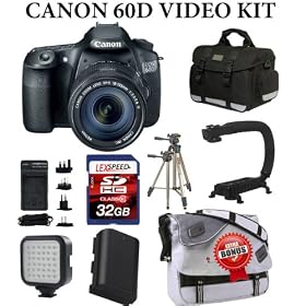 Canon EOS 60D 18 MP CMOS Digital SLR Camera with Canon EF-S 18-135mm f/3.5-5.6 IS Standard Zoom Lens + Action Stabilizing ForeGrip Handle + Compact Video Light LED + Spare Battery Pack LP-E6 + Camera Gadget Bag + International Travel charger + LexSpeed 32GB SDHC Class 10 Memory Card + Sunpak 620-900