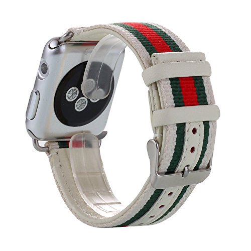 Apple Watch Band, Pandawell™ Nylon with Genuine Leather Sport Replacement Strap Wrist Band with Metal Adapter Clasp for 42mm Apple Watch / Sport /Edition (42mm-White)