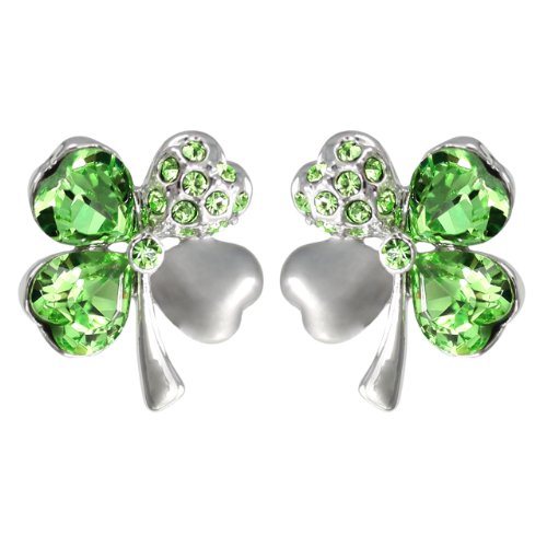 Four Leaf Clover Heart Shaped Swarovski Elements Crystal Rhodium Plated Stud Earrings