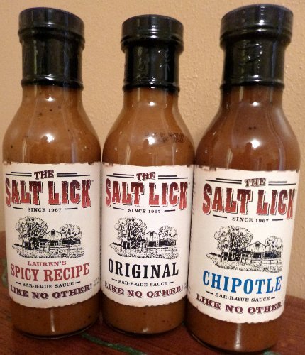 

Salt Lick BBQ Sauce Sampler 12oz Bottle (Variety Pack of 3 Flavors) 1 each of: Original, Lauren's Spicy and Chipotle)