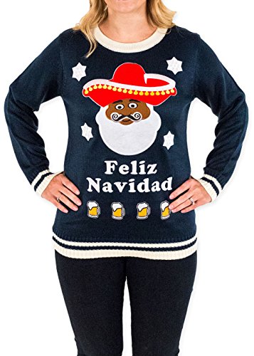 Women's Feliz Navidad and Beer Ugly Christmas Sweater in Navy By Festified