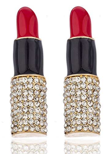 Goldtone with Red Iced Out Lip Stick Stud Earrings