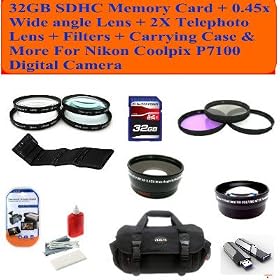 Deluxe Package Includes- 32gb Sdhc Memory Card + 0.45x Wide Angle Lens + 2x Telephoto Lens + Filters + Carrying Case & More for Nikon Coolpix P7100 Digital Camera