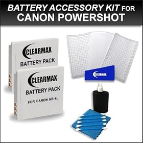 Clearmax 2 Pack Battery Kit For Canon PowerShot ELPH 310 HS ELPH 300 HS ELPH 100 HS Digital Camera Includes 2 Extended Replacement Batteries For Canon NB-4L + LCD Screen Protectors + 3pc Cleaning Kit