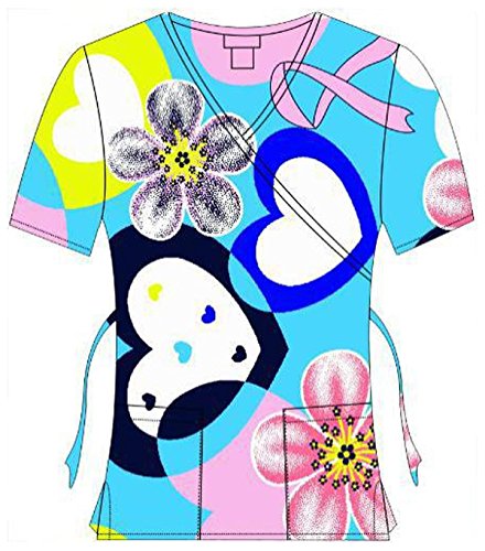 G Med Women's Printed Mock Wrap Back Tie 2 Pockets Scrub Top