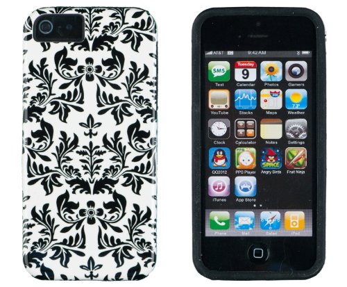 DandyCase 2in1 Hybrid High Impact Hard Black Flower Pattern + Silicone Case Cover For Apple iPhone 5S & iPhone 5 + DandyCase Screen Cleaner