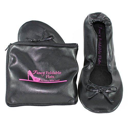 Womens flats Foldable BLACK with EXPANDABLE TOTE Bag for carrying High Heels SIZES 5 to 12 large ladies shoes Portable Travel Fold up Shoes Prom Folding Shoes Ballet Comfortable Roll up party shoe.