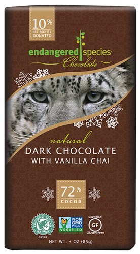 Endangered Species Snow Leopard, Natural Dark Chocolate (72%) with Vanilla Chai, 3.0 Ounce (Pack of 12)