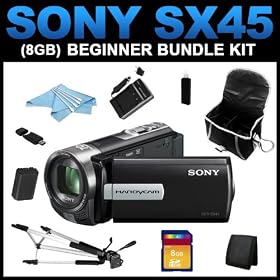 Sony DCR-SX45 Handycam Camcorder (Black) (8GB Beginner Bundle Kit) includes NP-FV70 Charger, NP-FV70 Battery, 8GB SD Memory, Carrying Case, Full Size Tripod, USB Card Reader, Card Wallet, Cleaning Kit - (DCRSX45/B)
