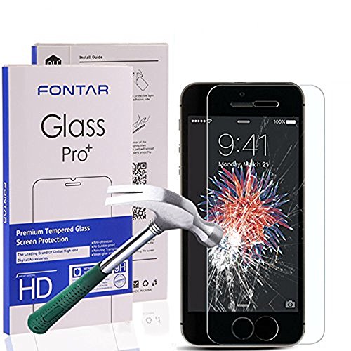 (2 Pack) iPhone 5S Glass Screen Protector, FONTAR Premiun Tempered Glass Screen Protector Film High Definition (HD) Clear (Invisible) for iPhone SE / iPhone 5 / iPhone 5S