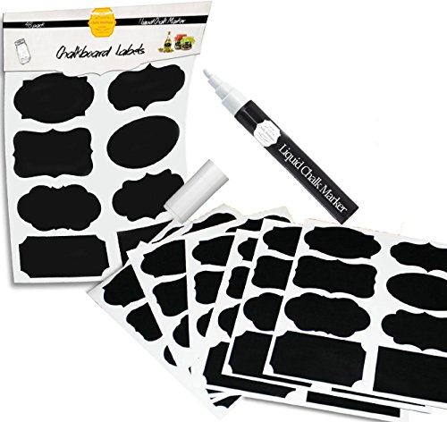 Chefs Boutique Chalkboard Labels - Exclusive Stickers Design for Jars with Liquid Chalk Marker Included
