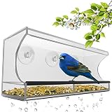 Large Window Bird Feeder - Clear, Removable Tray, Drain Holes & Beautiful Packaging. Enjoy Wild Birds Up Close From Inside Your House. Best Gift For Bird Lovers, Kids & Pets. 3 Heavy Duty Suction Cups