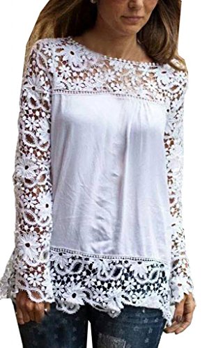 Lovaru Women's White Lace Sleeve Chiffon Patchwork Shirt Fashion Blouse