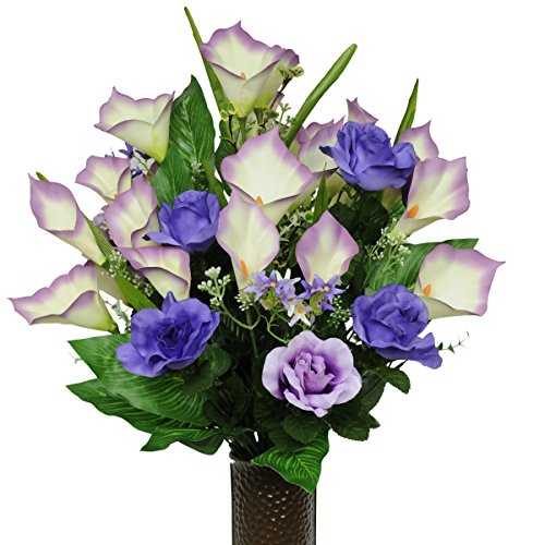 Purple Rose and Calla Lily Silk Flower Bouquet with Stay-In-The-Vase® Design Flower Holder(MD1136)