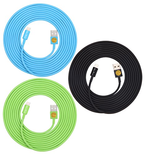 3-Pack of Superior Quality - Heavy Duty, 8-pin to USB, 3 Meter (10Ft) Lightning Charging Cables for Apple iPhone 5, 5C, 5S, iPhone 6, 6 Plus, iPad 4, iPad Mini, iPod Touch 5 and Nano 7 (Blue green black)
