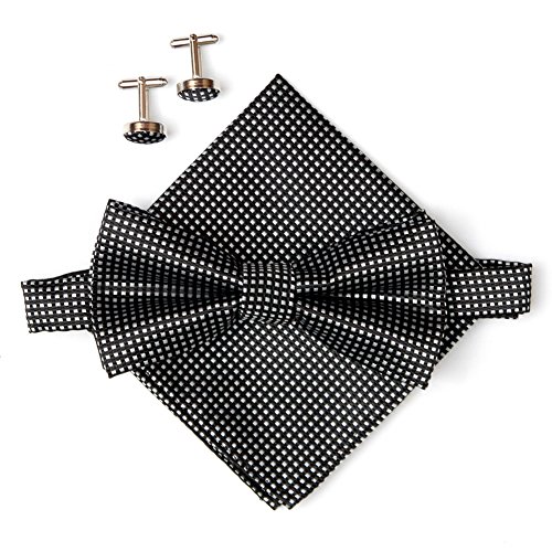 Men's Vintage Checkered Bow Tie& Handkerchief& Cufflinks Set