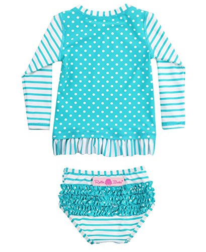 RuffleButts® Little Girls Aqua Striped Polka LS Rash Guard Bikini