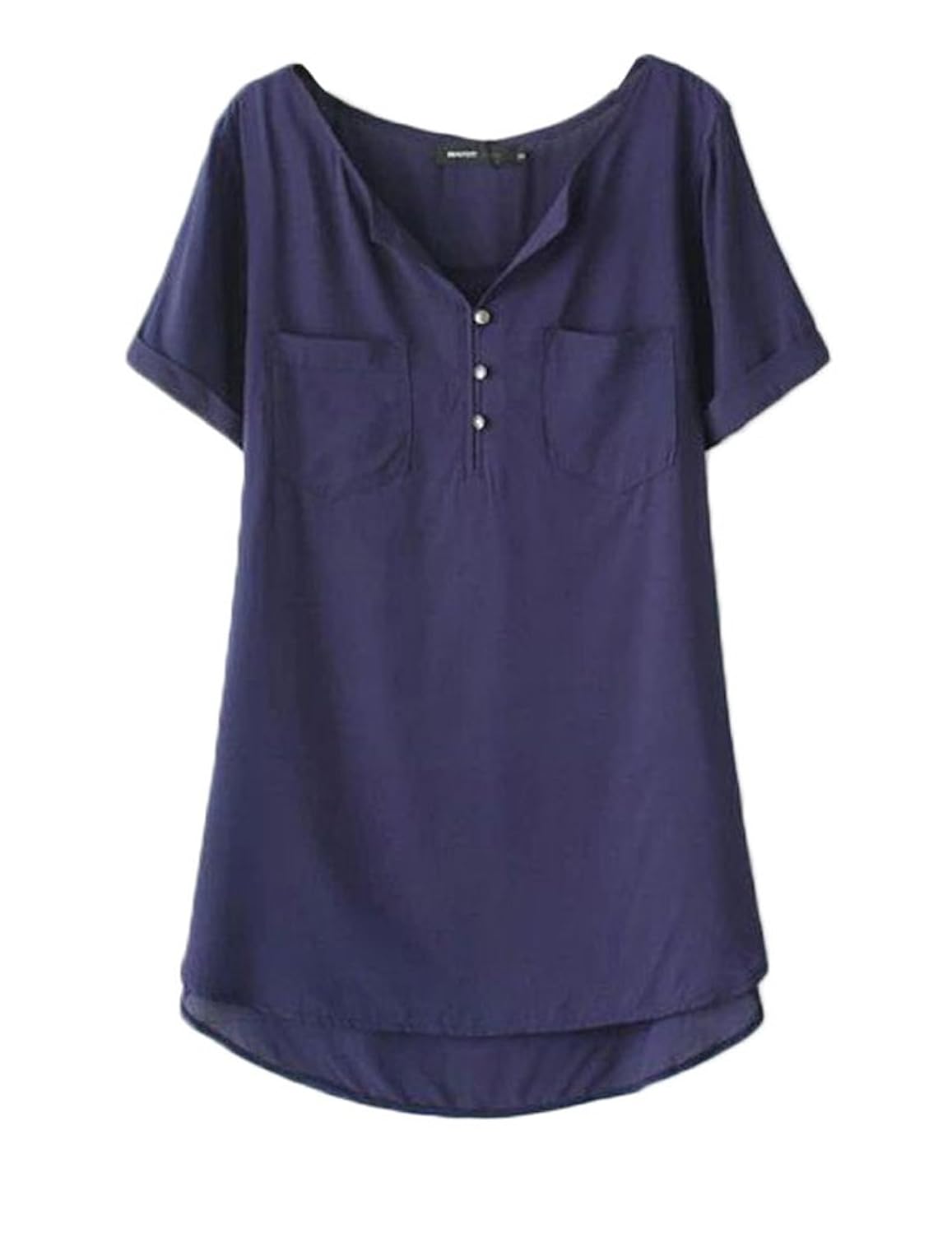 

JOLLYCHIC Women's Solid Color Longer Rear Short Sleeve Pockets Chiffon Blouse