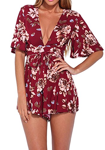 Simplee Apparel Women's Boho V Neck Floral Print Short Romper Jumpsuit