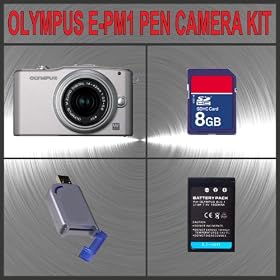 Olympus PEN E-PM1 Digital Camera (Silver) W/14-42mm Lens + Huge Accessories Package Including 8GB SDHC Memory Card + High Capacity BLS-1 Replacement Lithium-Ion Battery + Hi-Speed SD Card Reader + Kit