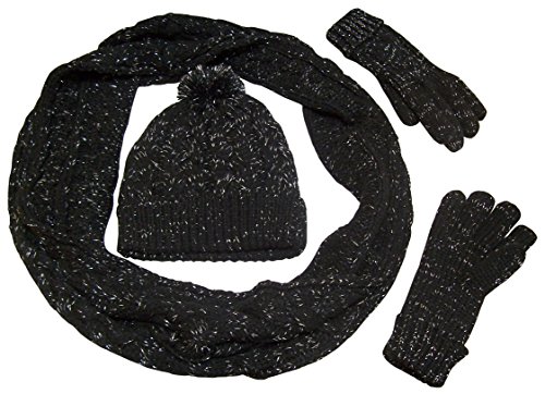N'Ice Caps Womens Fleece Lined Cable Knit 3PC Set With Metallic Specks