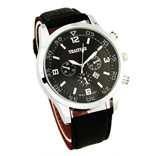 THAITIME TM Quartz Business Men's Military Auto Date Leather Waterproof Watches Black Belt Black Dial