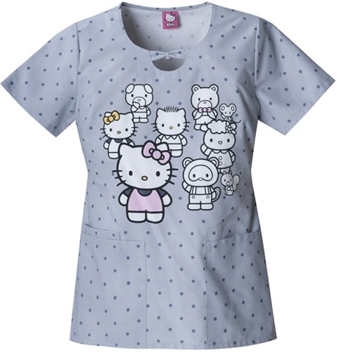 Tooniforms 6769VB Women's Round Neck Bow Front Scrub Top Hello Kitty Family