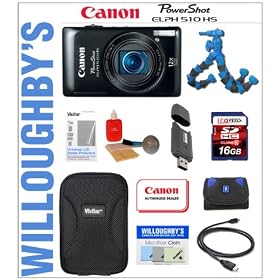 Canon PowerShot ELPH 510 HS 12.1 MP Digital Camera with 12x Wide Angle Optical IS Zoom (Black) + Hard Shell Camera Case + LEXSpeed 16GB SDHC Memory Card + Sunpak Gripping Tripod & Much More! Willoughby's Est. 1898 Deluxe Point and Shoot Bundle
