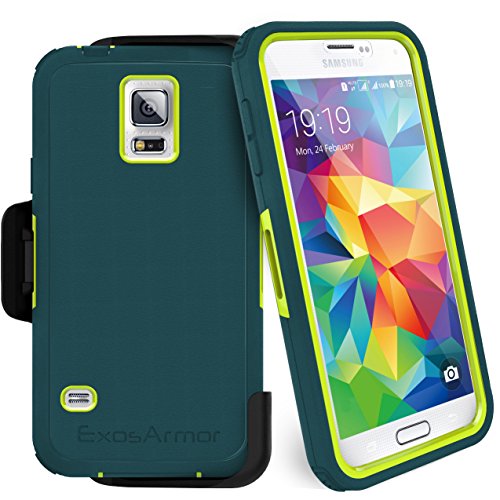 ExosArmor Carbon Series SoftGrip Silicon Shock-Absorbing Armor Holster Belt Clip Case with Screen Protector for Samsung Galaxy S5 - Teal / Lime Green