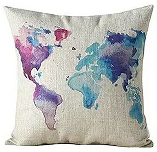Color World Map Purple Cotton Linen Throw Pillow Case Cushion Cover Home Office Decorative, Square 18 X 18 Inches (3)