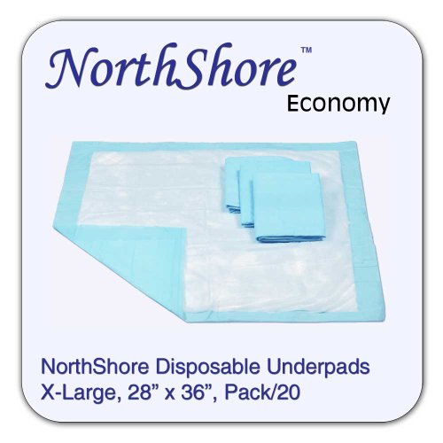 NorthShore Economy, 28 x 36, 18 oz., Blue Disposable Underpads (Chux), Pack/20