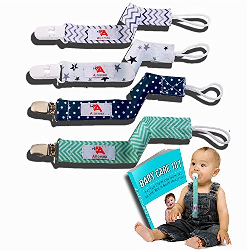 Baby Pacifier Clip Holder 4 Pack by Altomax - Unisex Plastic and Metal High Quality Safe Stylish Design Boys Girls and Easy to Use + Free Bonus eBook Baby Care 101!!