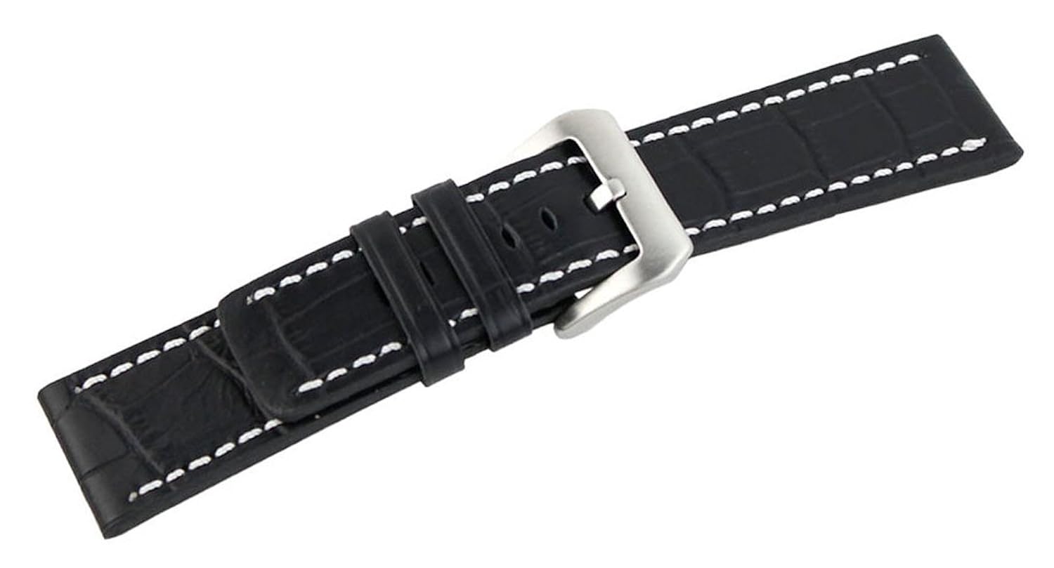 

20mm Crocodile Grain Leather Watch Band Strap Contrast Stitch Color Black