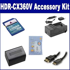 Sony HDR-CX360V Camcorder Accessory Kit includes: SDM-109 Charger, KSD2GB Memory Card, HDMI3FM AV & HDMI Cable, ZELCKSG Care & Cleaning, SDNPFV70NEW Battery