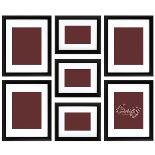 Craig Frames 1WB3BK Picture Frame 7-Piece Wall Set, Black Frames, White Display Mats, Picture Hanging Tool